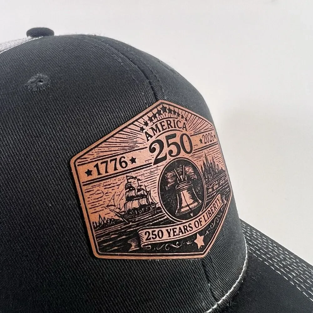 America 250 Liberty Bell Leather Patch Outdoor Cap OC771 Trucker Hat Black/White